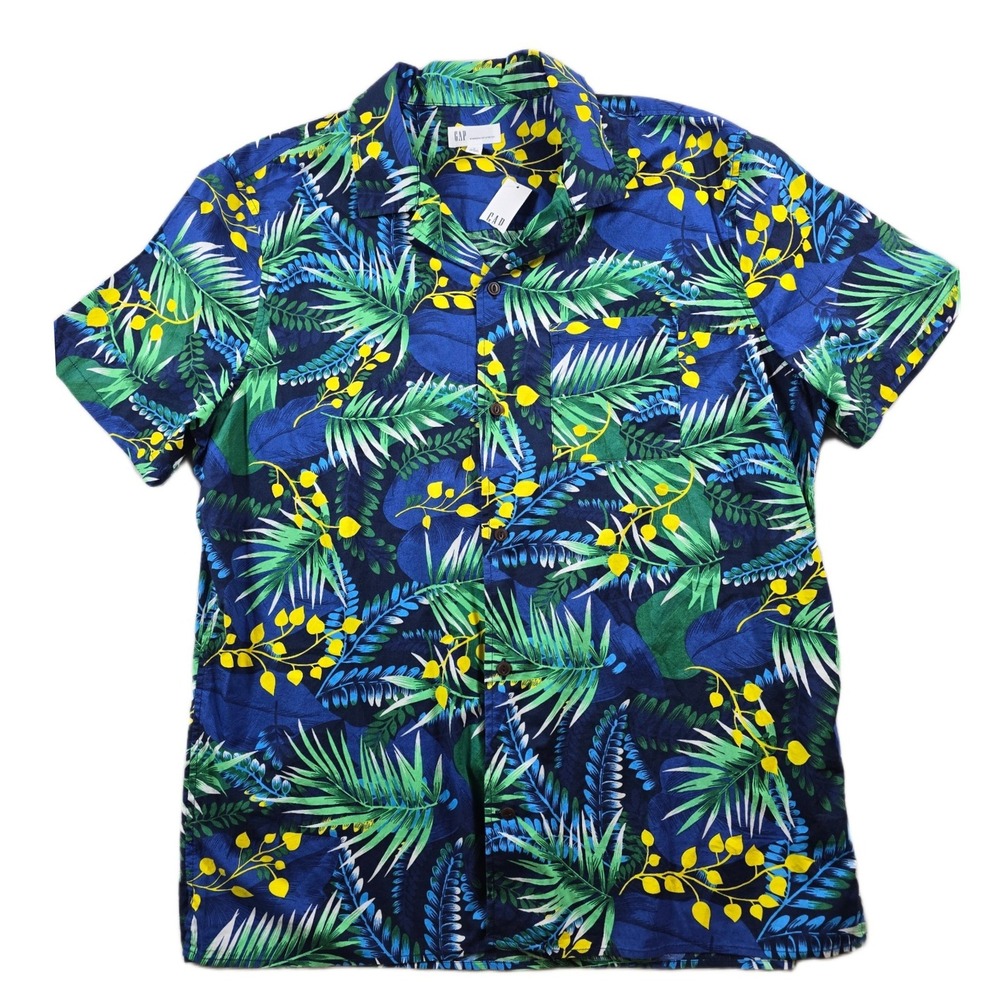 GAP Tropical Floral Shirt Mens Large Blue Cotton Stretch Standard Fit NEW